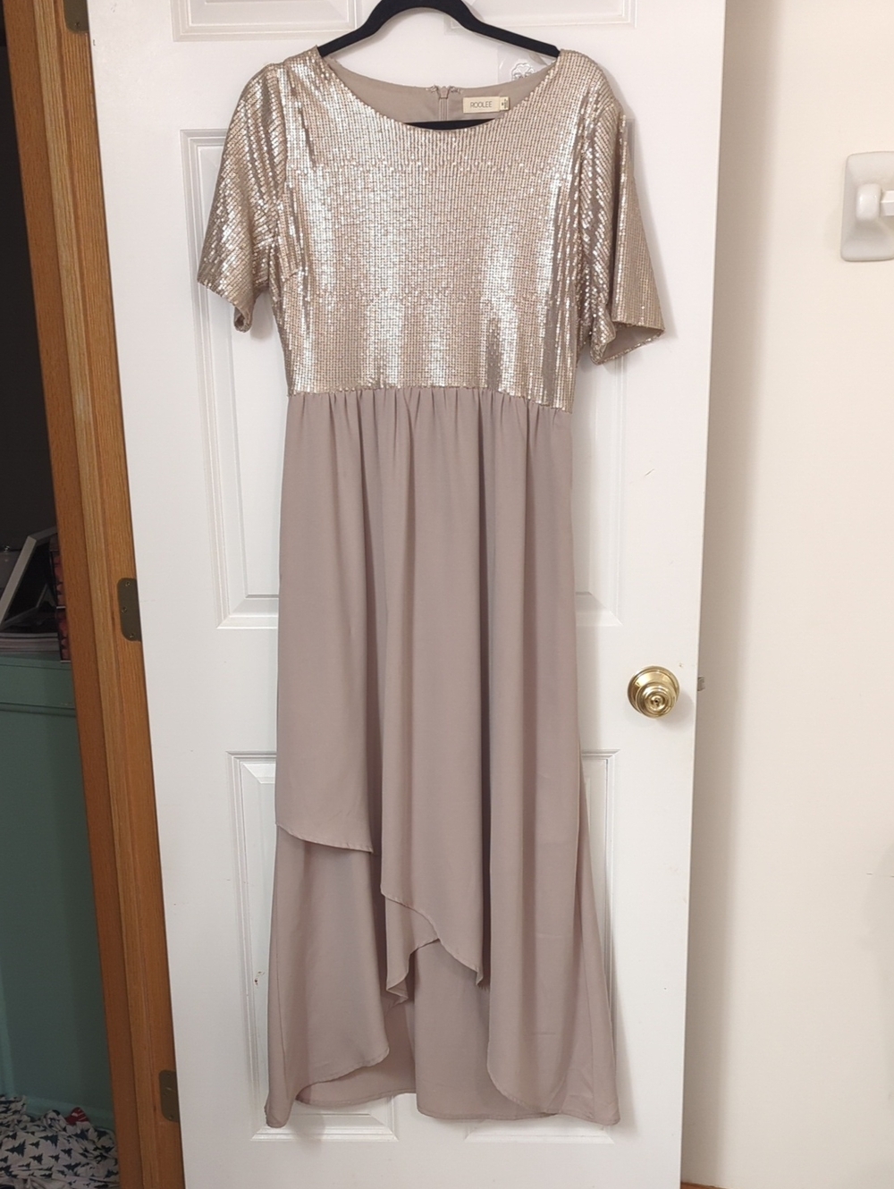 Roolee Annette Dress Rosey Brown Sequined Bodice Taupe High-Low